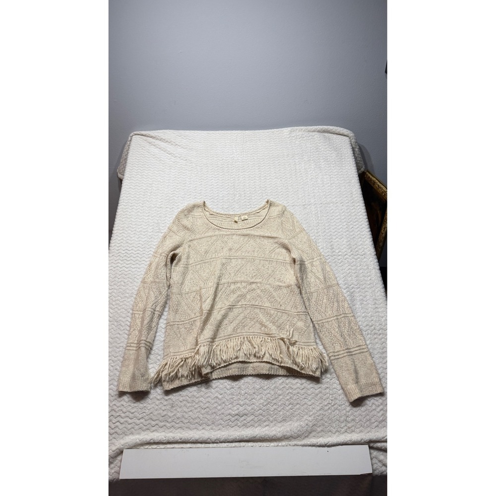 Moth Anthropologie Cream Marled Fringe Hem Textured Knit Sweater Large L 4848
